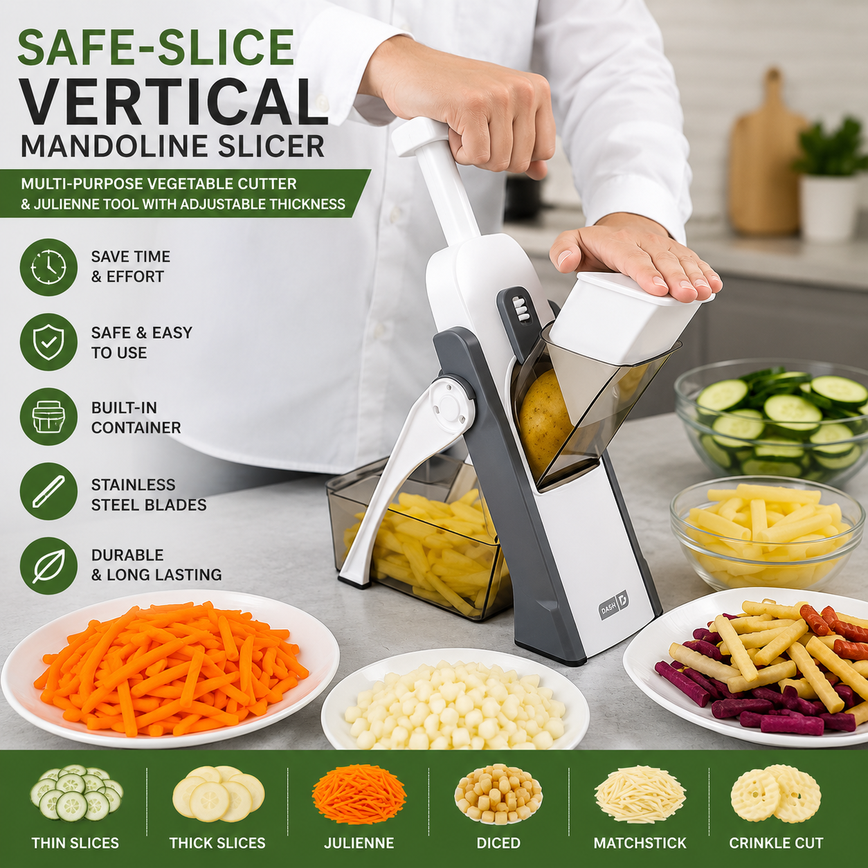 Safe-Slice Vertical Mandoline Slicer – Multi-Purpose Vegetable Cutter